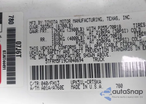 2012 Toyota Tundra Grade 4.6L V8 z USA, uszkodzony, nr VIN 5TFRM5F19CX040694